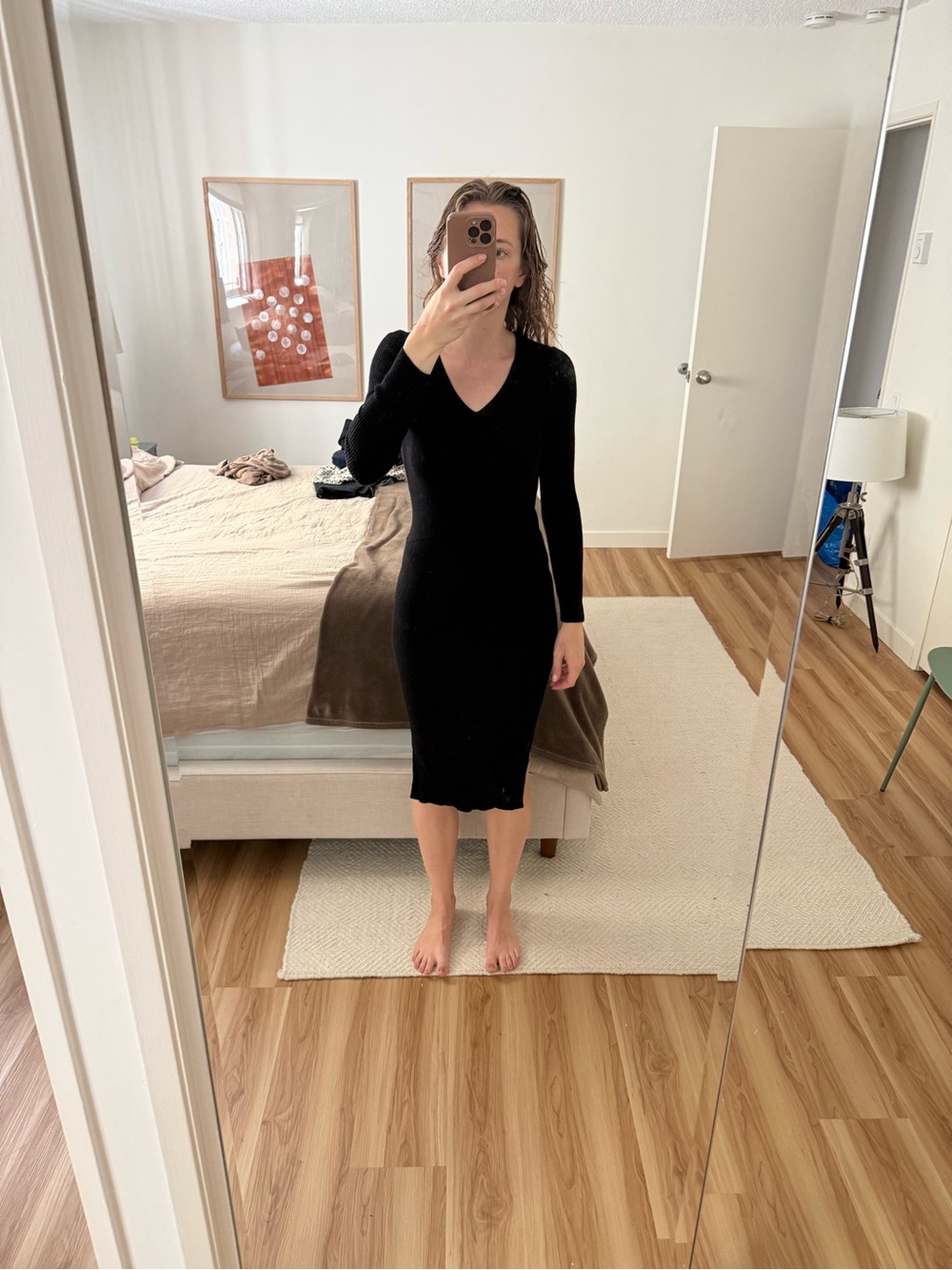 Massimo Dutti Black V-Neck Midi Bodycon Dress